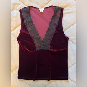 Vintage Y2K Aqua Burgundy Velvet evening camisole top with Black Lace